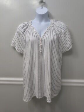 Cynthia Rowley Womens Dotted Stripes Top White Black Stripes 2X Peasant Summer